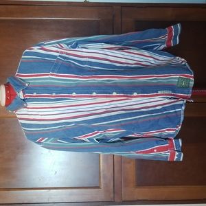 VTG Baxter Brand natural clothing vertical stripe button-up shirt indigo denim.